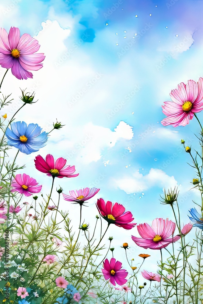 Lush garden of cosmos flowers painted in vivid colors beneath deep blue sky. Blossoms in full bloom wave gracefully, infusing scene with vibrant energy, tranquility, perfect for nature lovers, print. Lush garden of cosmos flowers painted in vivid colors beneath deep blue sky. Blossoms in full bloom wave gracefully, infusing scene with vibrant energy, tranquility, perfect for nature lovers, print.