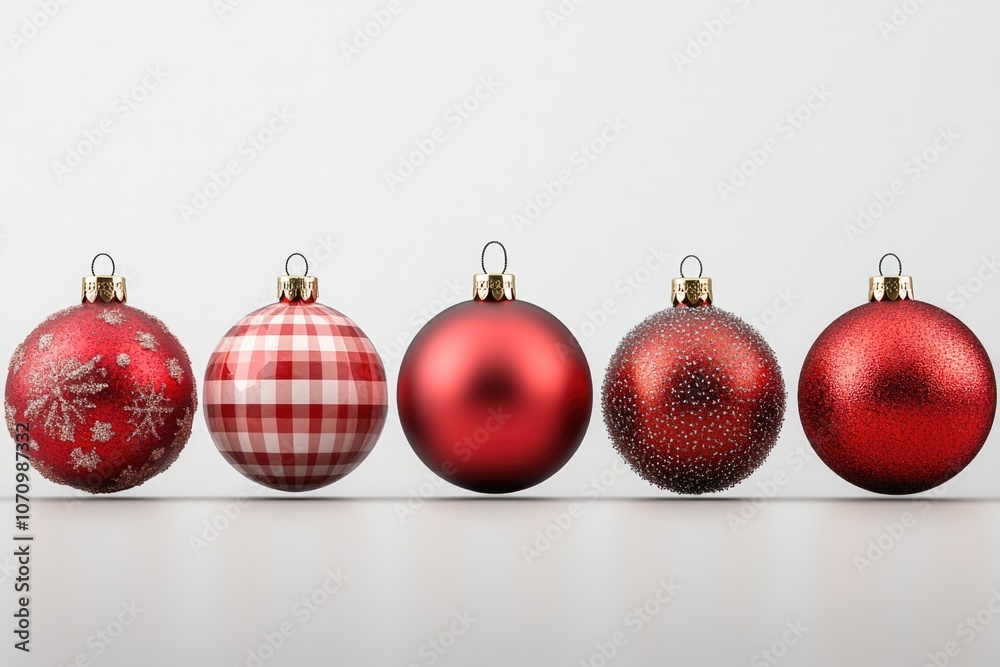 Christmas decorations, ornaments on red and white background, festive theme