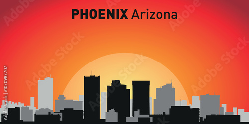 Phoenix city skyline with silhouettes of buildings against the backdrop of a large yellow sun and orange sky. Vector on the background of sunset