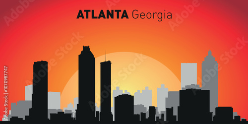 Atlanta city skyline with silhouettes of buildings against the backdrop of a large yellow sun and orange sky. Vector on the background of sunset