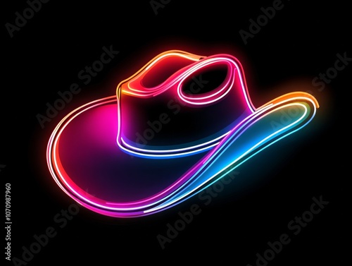 A simple vector logo of an illuminated colorful neon cowboy hat, in a black background photo