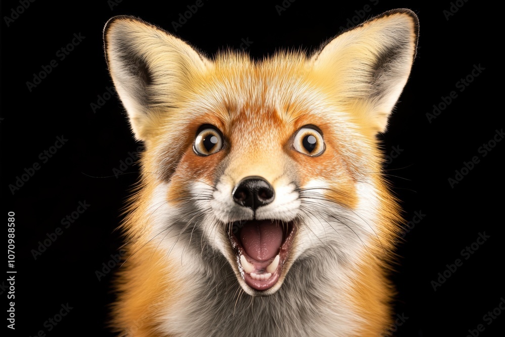 Surprised fox with wide eyes and open mouth on black background for animal expression design Surprised fox with wide eyes and open mouth on black background for animal expression design