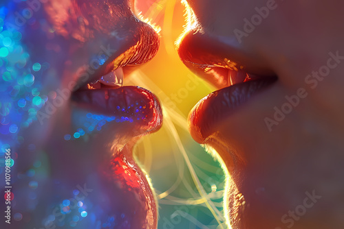 Close-up of two individuals, one with glitter, about to kiss, surrounded by vibrant rainbow lights that create a magical atmosphere.