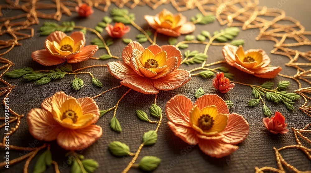 Elegant Gold Embroidery with Floral and Leaf Patterns Luxurious Textile Decoration Elegant Gold Embroidery with Floral and Leaf Patterns Luxurious Textile Decoration
