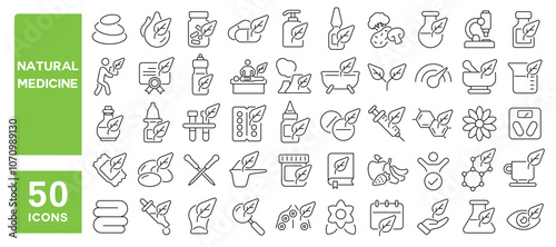 Set of 50 line icons related to natural medicine, alternative, cure, therapy, herbal, pill, pharmacy, science, organic, nature, Editable stroke. Vector illustration