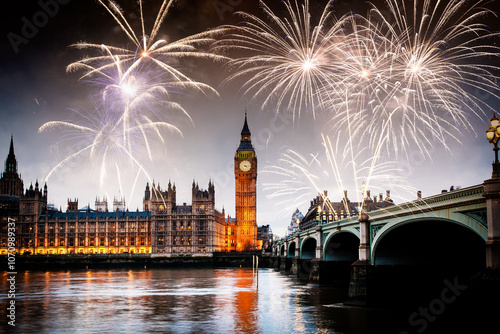 Photography explosive fireworks display fills the sky around Big Ben