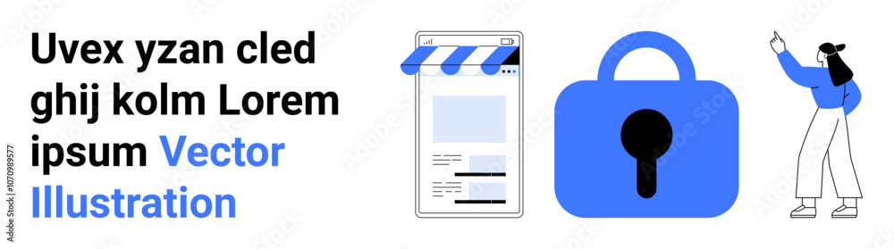 Mobile device with a webpage, a blue padlock symbolizing security, and a person pointing at the screen. Ideal for cybersecurity, online safety, privacy, mobile apps, website protection, user Mobile device with a webpage, a blue padlock symbolizing security, and a person pointing at the screen. Ideal for cybersecurity, online safety, privacy, mobile apps, website protection, user
