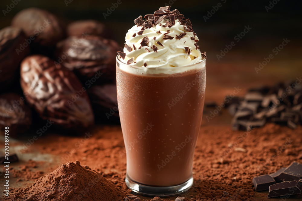 A rich chocolate smoothie in a glass with whipped cream and chocolate shavings on top, set against a background of cacao beans and dark chocolate. A rich chocolate smoothie in a glass with whipped cream and chocolate shavings on top, set against a background of cacao beans and dark chocolate.