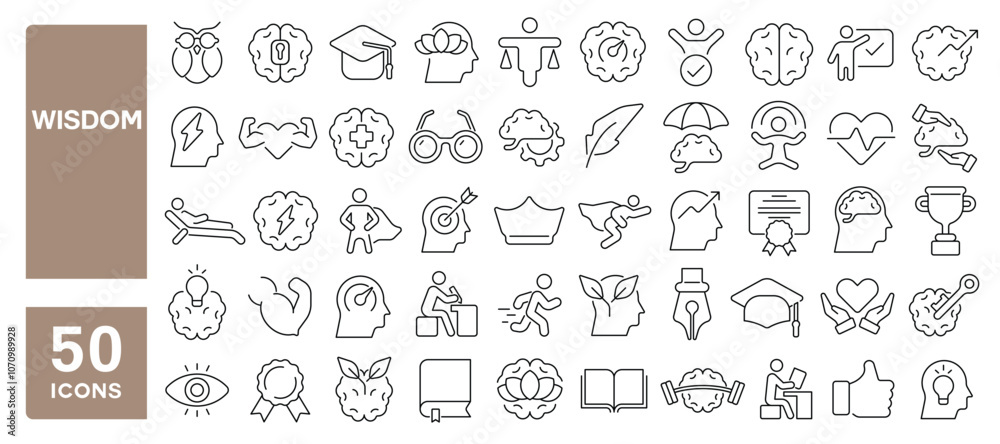 Set of 50 line icons related to wisdom, brain, knowledge, think, creative, innovation, genius, cerebral, memory, mental, Editable stroke. Vector illustration Set of 50 line icons related to wisdom, brain, knowledge, think, creative, innovation, genius, cerebral, memory, mental, Editable stroke. Vector illustration