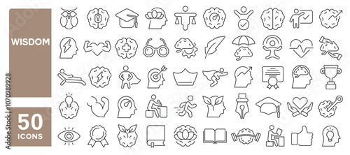 Set of 50 line icons related to wisdom, brain, knowledge, think, creative, innovation, genius, cerebral, memory, mental, Editable stroke. Vector illustration