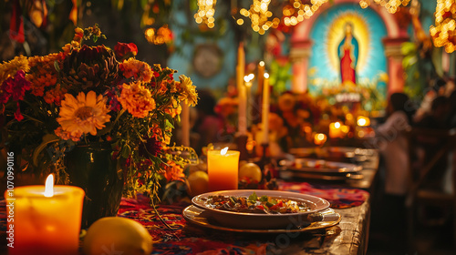 A festive dinner table with flowers and candles, featuring a traditional Mexican dish, set against a religious backdrop. photo