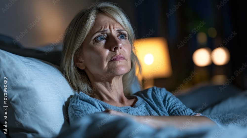 Obraz premium A woman looks pensive while lying in bed, illuminated by soft lighting in a dark room.