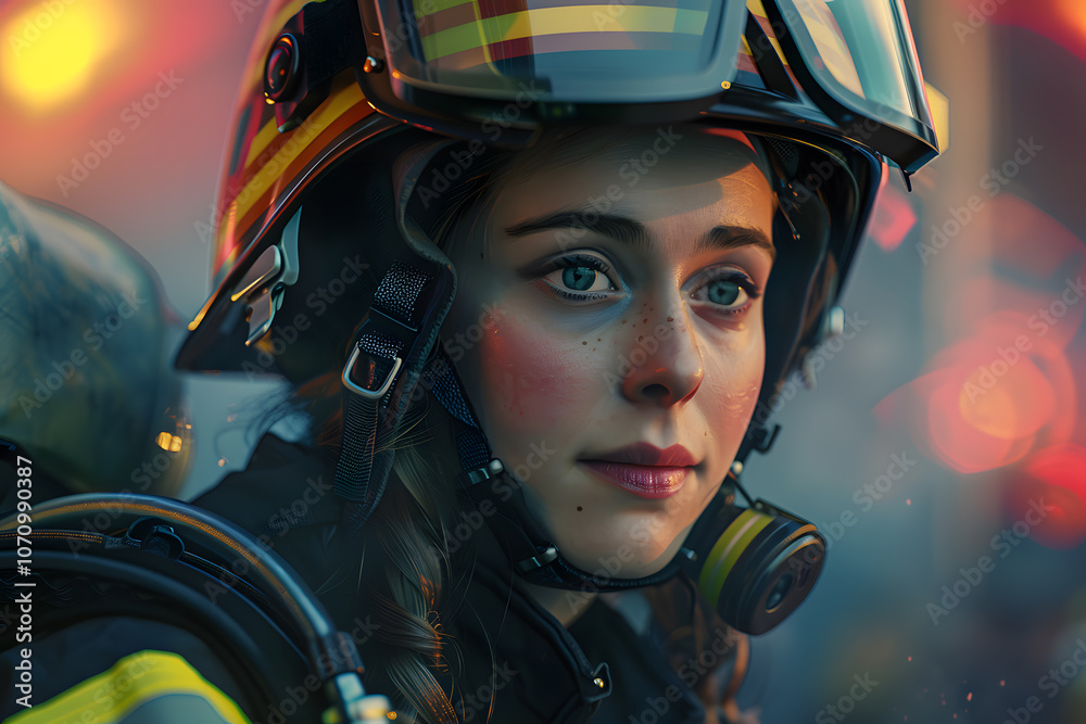 A young Caucasian female firefighter in a helmet, focused and determined, showcasing bravery and resilience in a high-stress environment. A young Caucasian female firefighter in a helmet, focused and determined, showcasing bravery and resilience in a high-stress environment.
