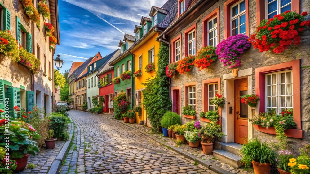Fototapeta premium A quaint European street lined with colorful buildings, flower boxes on the windows, and cobblestone pavement