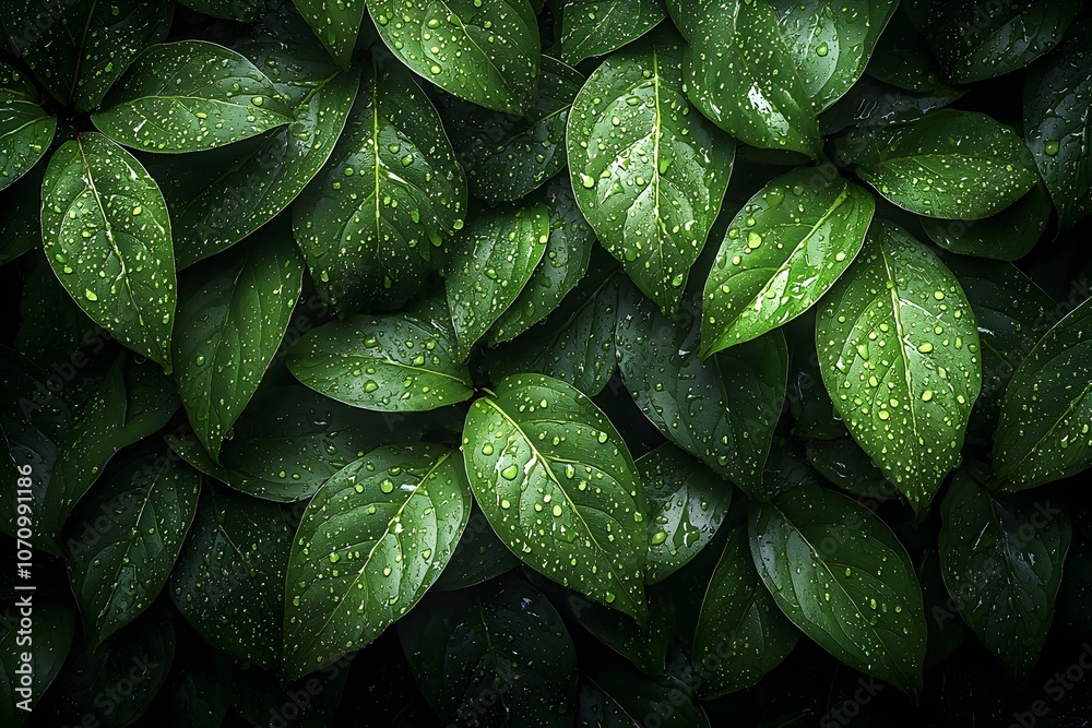 Fototapeta premium A close-up view of lush green leaves adorned with droplets of water, creating a fresh and vibrant atmosphere, highlighting nature's beauty in detail.