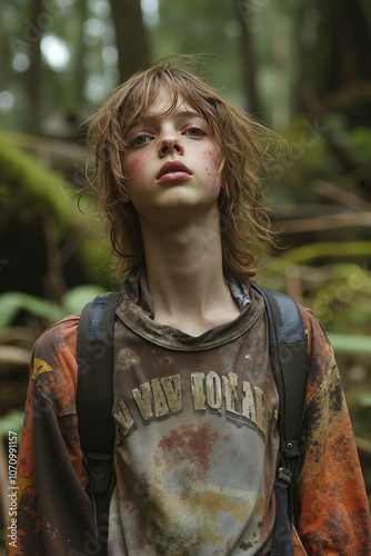 A young boy with a backpack standing in the woods photo