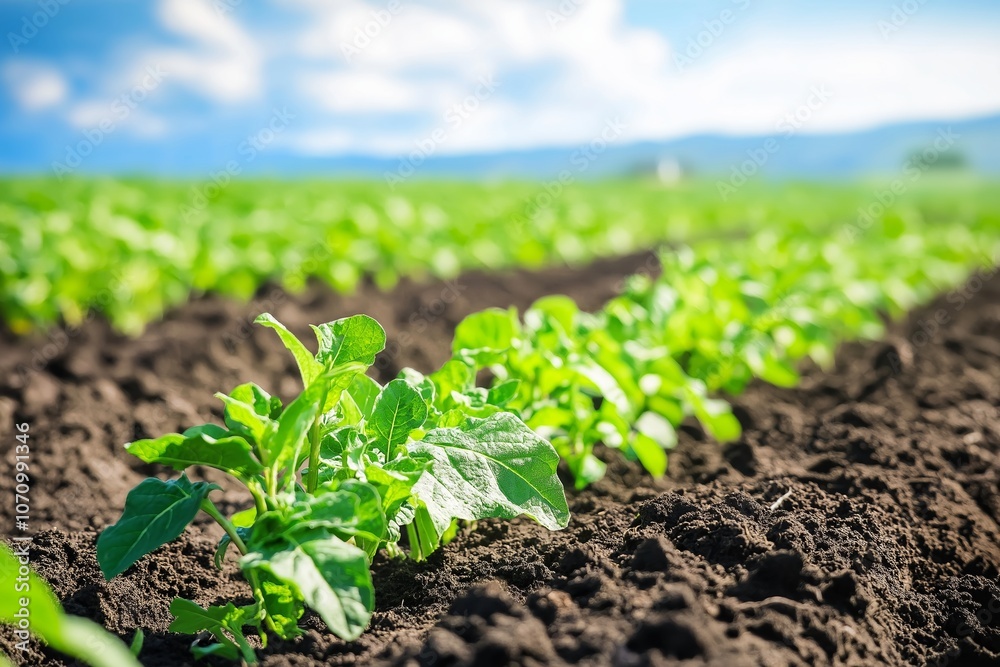 A vibrant, green agricultural field extends under a vast, blue sky creating a stunning display of natural beauty. A vibrant, green agricultural field extends under a vast, blue sky creating a stunning display of natural beauty.