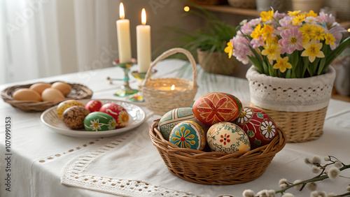 On the table with snow-white tablecloth is a dish with decorated Easter cakes, next to it there are colorful eggs in a basket