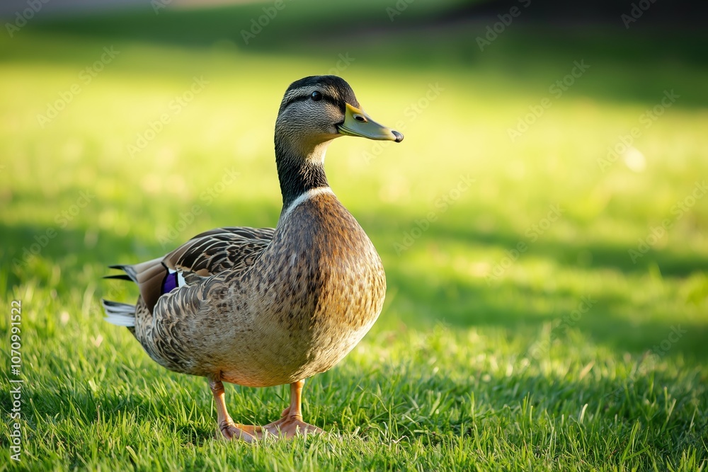 A single duck poses majestically, surrounded by lush, green park grass. A single duck poses majestically, surrounded by lush, green park grass.
