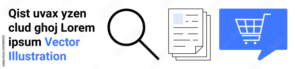 Magnifying glass, document stack, shopping cart symbol. Ideal for business analysis, document management, data review, market research, e-commerce, online shopping, retail. Landing page Magnifying glass, document stack, shopping cart symbol. Ideal for business analysis, document management, data review, market research, e-commerce, online shopping, retail. Landing page