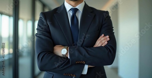 Professional Executive in Dark Pinstripe Suit and Watch, Standing with Arms Crossed 