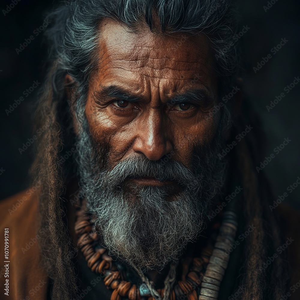dark skinned old human, druid, shaman, beard, dark hair, dark eye color, simple clothes dark skinned old human, druid, shaman, beard, dark hair, dark eye color, simple clothes