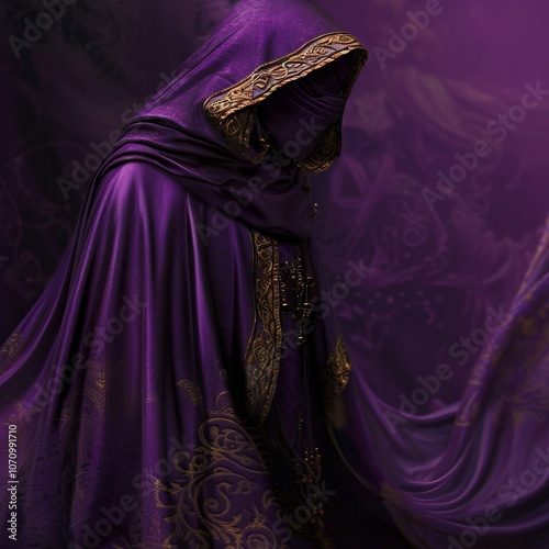 clothes colored purple and gold, dark purple background