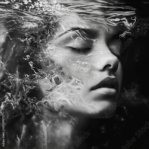 A woman's tranquil face submerged in water with swirling patterns, conveying deep serenity and calmness. photo