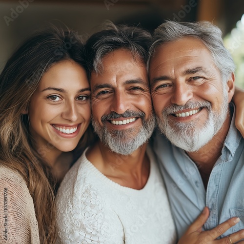 A joyful portrait features three individuals beaming with happiness and embracing each other, conveying warmth and unity.