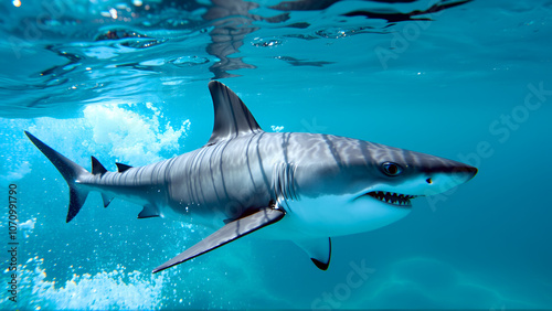 A menacing great white shark swims powerfully through the ocean's surface, its sleek gray body and sharp fins slicing through the sunlight-dappled turquoise water. photo