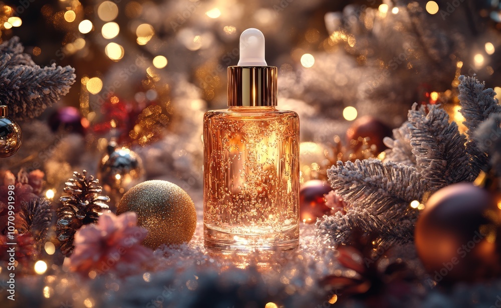 An elegant serum bottle is surrounded by sparkling ornaments in the middle of a festive celebration An elegant serum bottle is surrounded by sparkling ornaments in the middle of a festive celebration