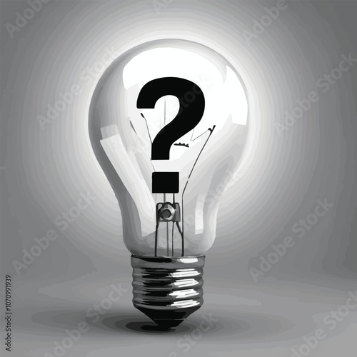 Vector illustration of lightbulb, 3d illustration Light bulb with a linear question mark inside. Question mark glowing in glass light bulb on dark green background with shadow and reflection.	