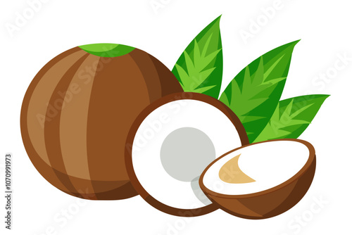 Exotic Coconut Fruits and Leaves Whole, Half, and Sliced for a Healthy Summer Lifestyle
