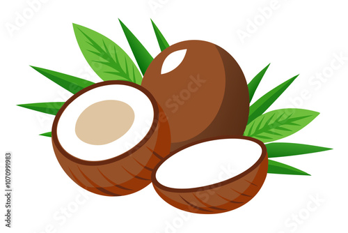 Exotic Coconut Fruits and Leaves Whole, Half, and Sliced for a Healthy Summer Lifestyle