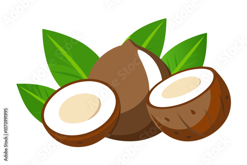 Exotic Coconut Fruits and Leaves Whole, Half, and Sliced for a Healthy Summer Lifestyle