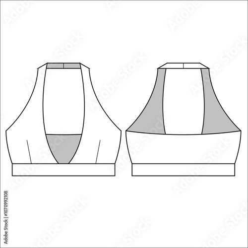 sports bra technical sketch illustration. Women's yoga underwear design template.