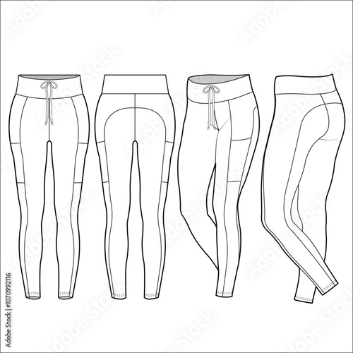 Leggings pants technical fashion illustration. Sports Leggings fashion flat technical drawing template, high-rise, front, side and back view, white colour, CAD mockup.