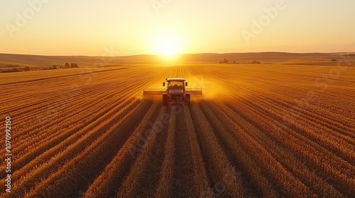 Aerial View of Wheat Harvesting in Golden Fields