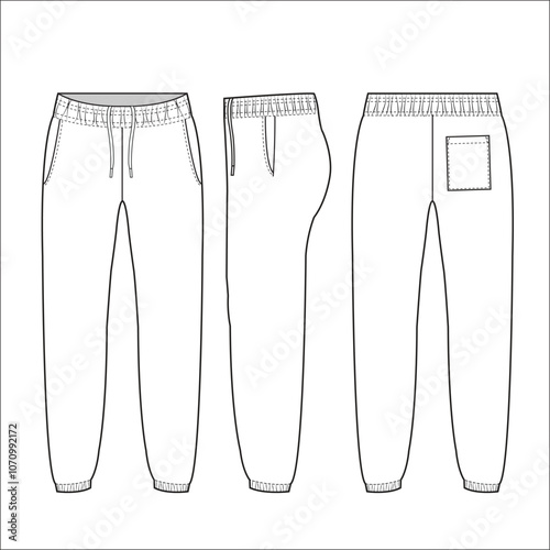 Jogger Pants fashion technical drawing template. Sweat Pants technical fashion Illustration, relaxed fit, pocket, elastic waistband, front, back view, white, grey, women, men, unisex CAD mockup