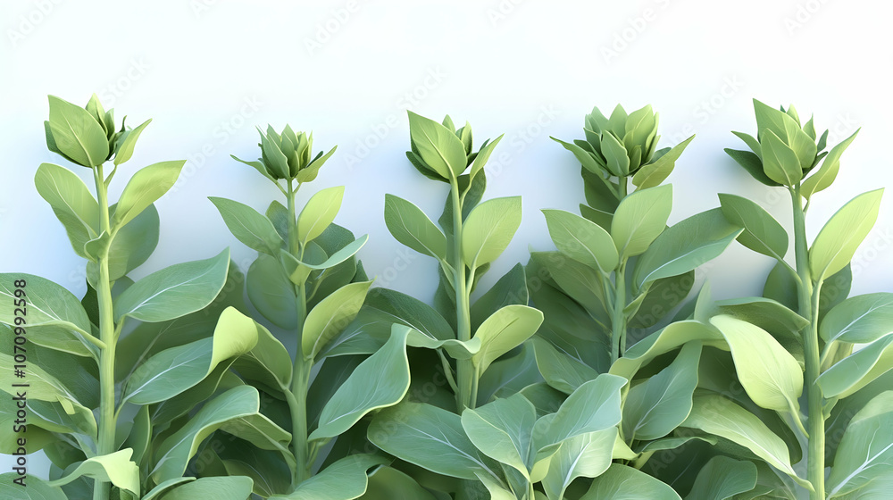 Obraz premium A row of five green plants with buds against a white background.