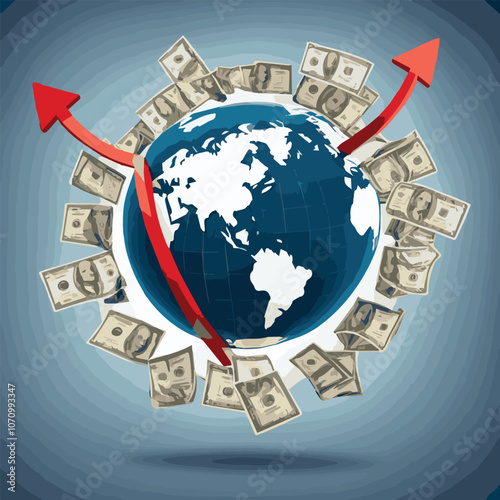 Crystal globe on many currency, World bank, Economic inflation conditions where tend to increase continuously. Tiny Earth globe over the surface covered with the multiple bank note bills.	