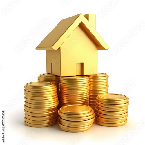 Golden House Model on Stacks of Gold Coins Representing Real Estate Investment ISOLTED ON WHITE BACKGROUND 