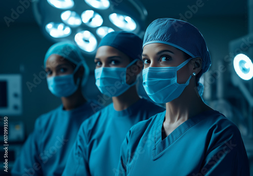 A close-up of three female surgeons in blue surgical scrubs and masks, standing under operating room lights, showcasing focus and precision in a healthcare environment