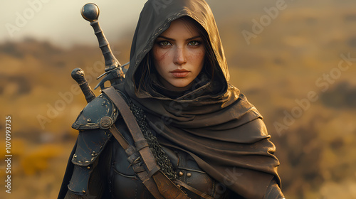 Portrait of a fantasy female ranger pathfinder patrolling her home land wearing leather armor , hooded cloak and equipped with a sword. 3d rendering. Fantasy. Illustration