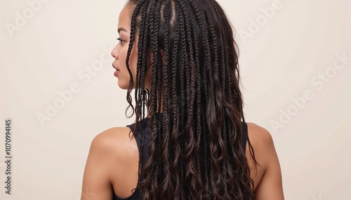 Woman with long braided hairstyle and loose waves in black top