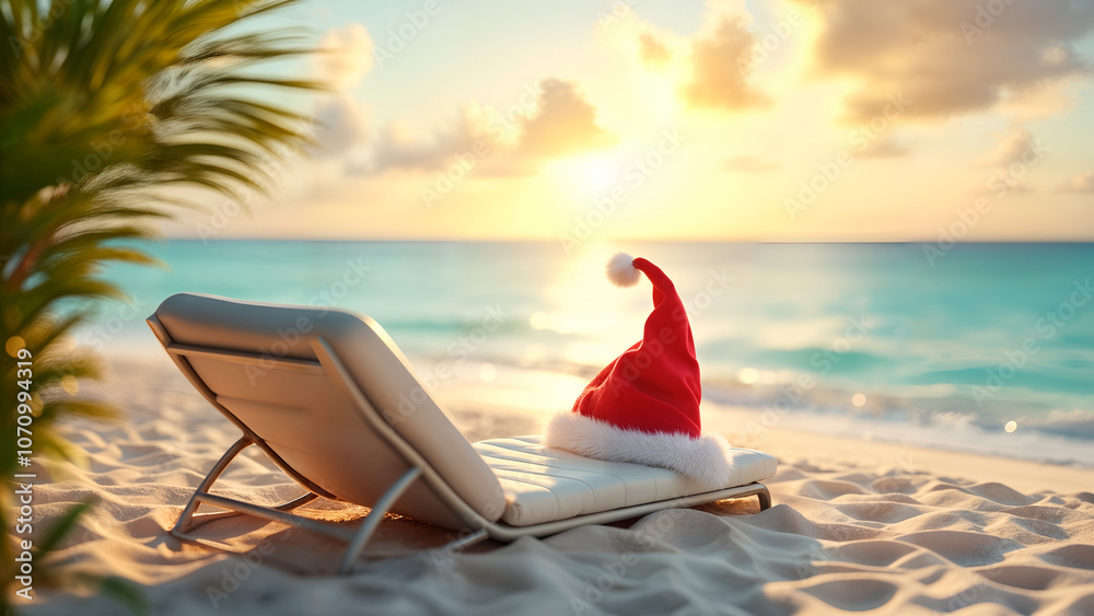Charming Beach Scene Featuring a Santa Hat on a Lounge Chair Amidst Caribbean Beauty Charming Beach Scene Featuring a Santa Hat on a Lounge Chair Amidst Caribbean Beauty