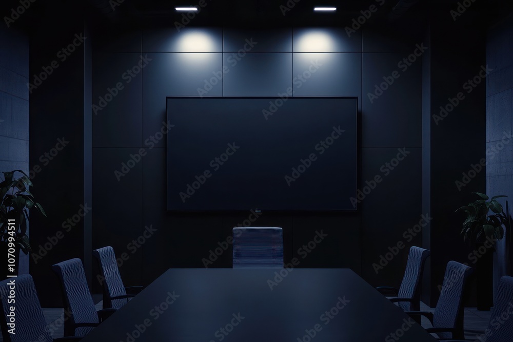 A dimly lit conference room with a large screen and empty chairs around a table. A dimly lit conference room with a large screen and empty chairs around a table.