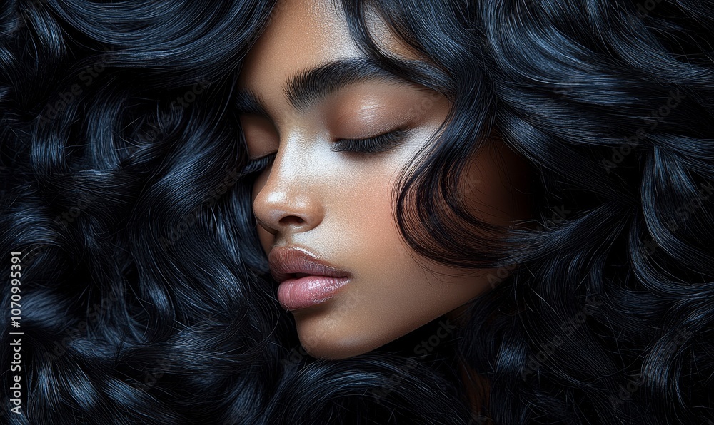 Fototapeta premium In natural light, exploring the stunning contrast between straight, shiny dark hair and a perfect center parting