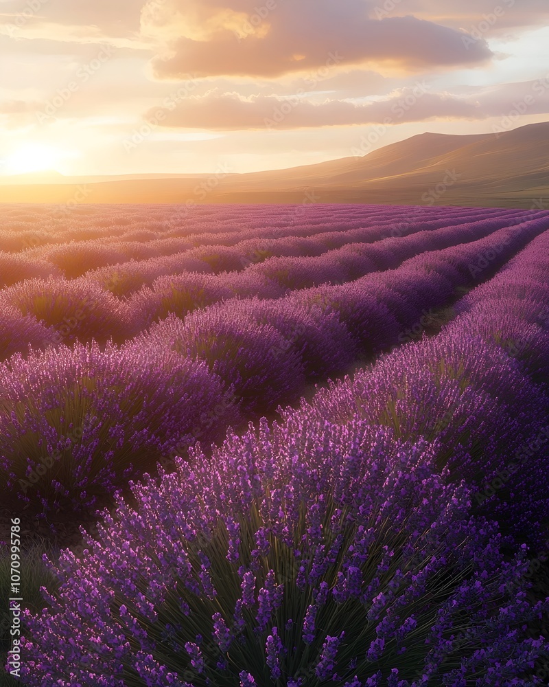 Obraz premium A stunning lavender field in full bloom at sunset, showcasing vibrant purple flowers stretching towards the horizon under a colorful sky.