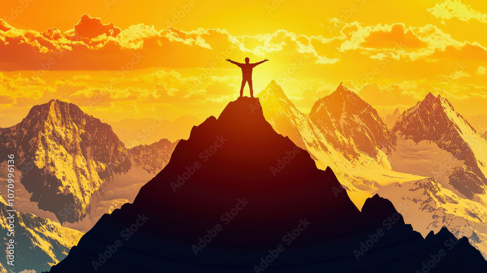 Fototapeta premium Person on top of a mountain, arms spread out, symbolizing victory over adversity and personal achievement
